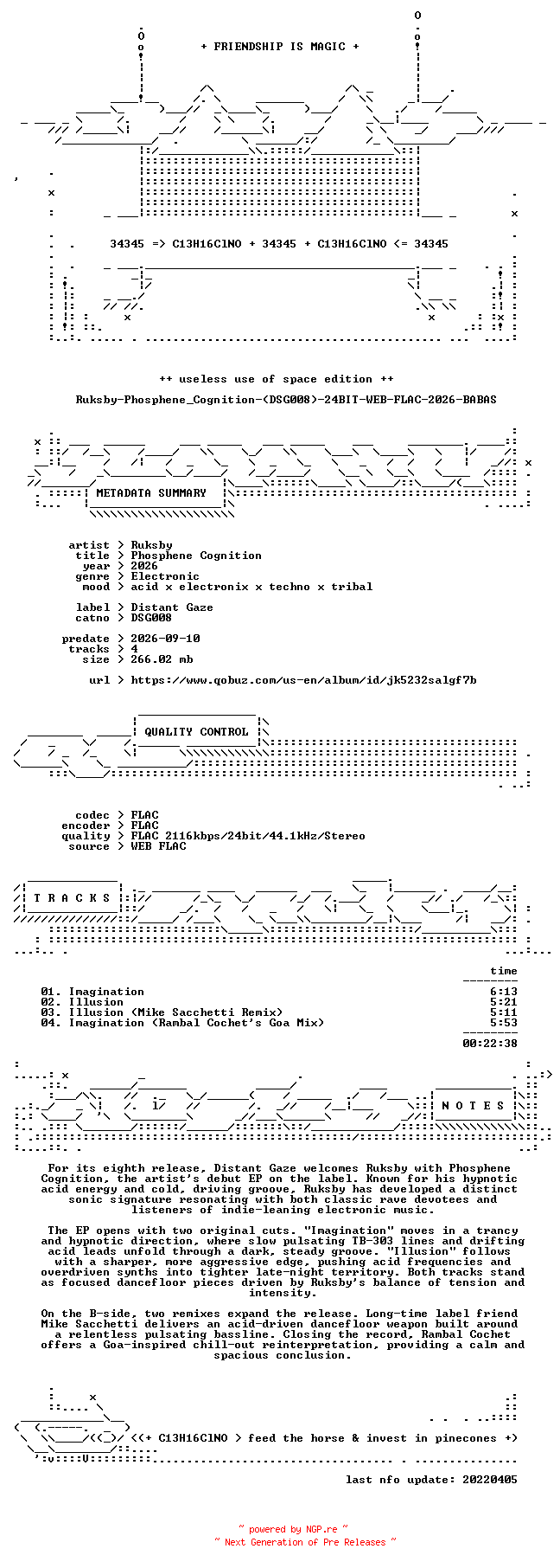 NFO for the release Ruksby-Phosphene_Cognition-(DSG008)-24BIT-WEB-FLAC-2026-BABAS by BABAS