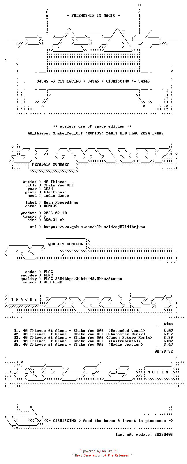 NFO for the release 40_Thieves-Shake_You_Off-(ROM135)-24BIT-WEB-FLAC-2024-BABAS by BABAS