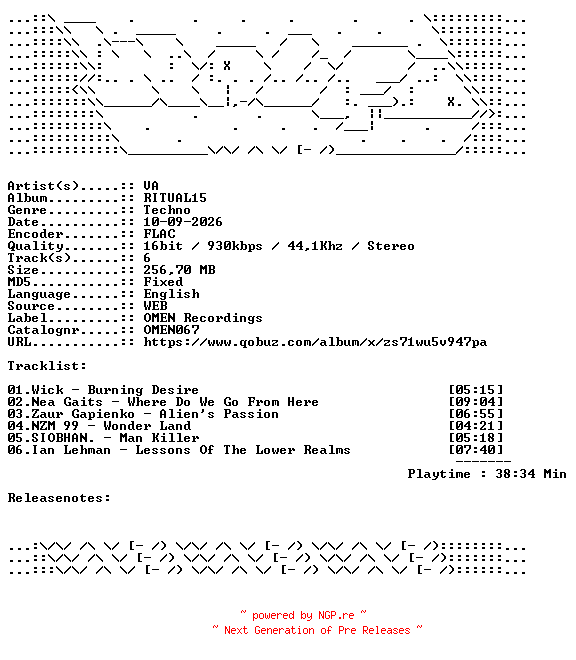 NFO for the release VA-RITUAL15-OMEN067-16BIT-WEB-FLAC-2026-WAVED by WAVED