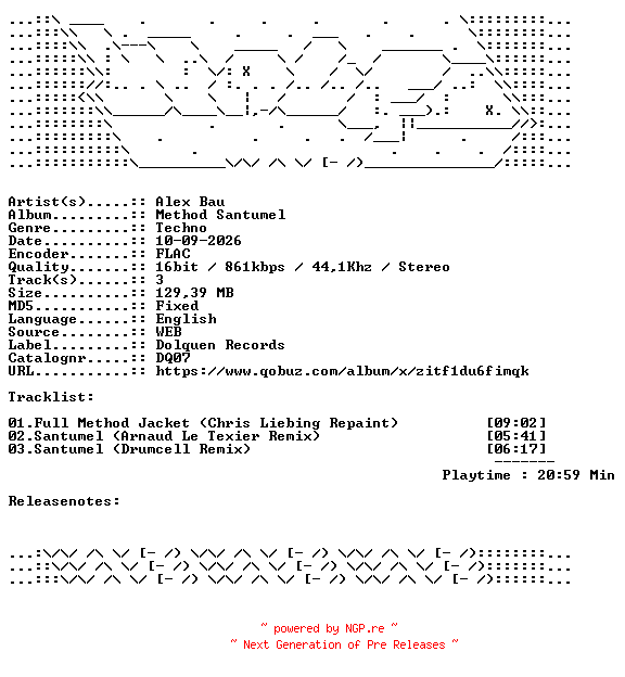NFO for the release Alex_Bau-Method_Santumel-DQ07-16BIT-WEB-FLAC-2026-WAVED by WAVED
