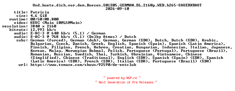 NFO for the release Und.huete.dich.vor.dem.Boesen.S01E05.GERMAN.DL.2160p.WEB.h265-SAUERKRAUT by SAUERKRAUT