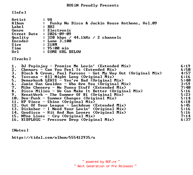 NFO for the release VA-Funky_Nu_Disco_And_Jackin_House_Anthems_Vol.09-WEB-2026-ROSiN by ROSiN