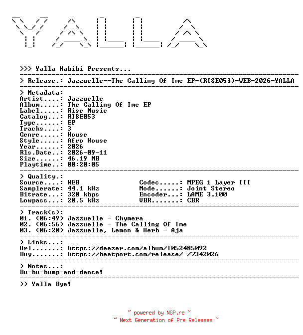 NFO for the release Jazzuelle--The_Calling_Of_Ime_EP-(RISE053)-WEB-2026-YALLA by YALLA