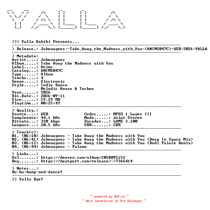 NFO for the release Johnwaynes--Take_Away_the_Madness_with_You-(ANIMS047C)-WEB-2026-YALLA by YALLA