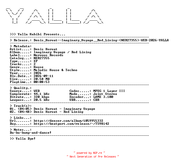 NFO for the release Denis_Horvat--Imaginary_Voyage__Red_Lining-(NER27355)-WEB-2026-YALLA by YALLA
