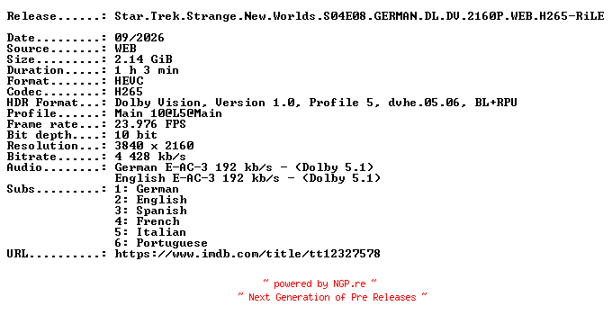 NFO for the release Star.Trek.Strange.New.Worlds.S04E08.GERMAN.DL.DV.2160P.WEB.H265-RiLE by RiLE