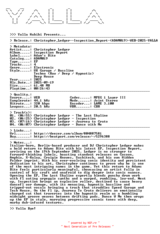 NFO for the release Christopher_Ledger--Inspection_Report-(ADAM019)-WEB-2025-YALLA by YALLA