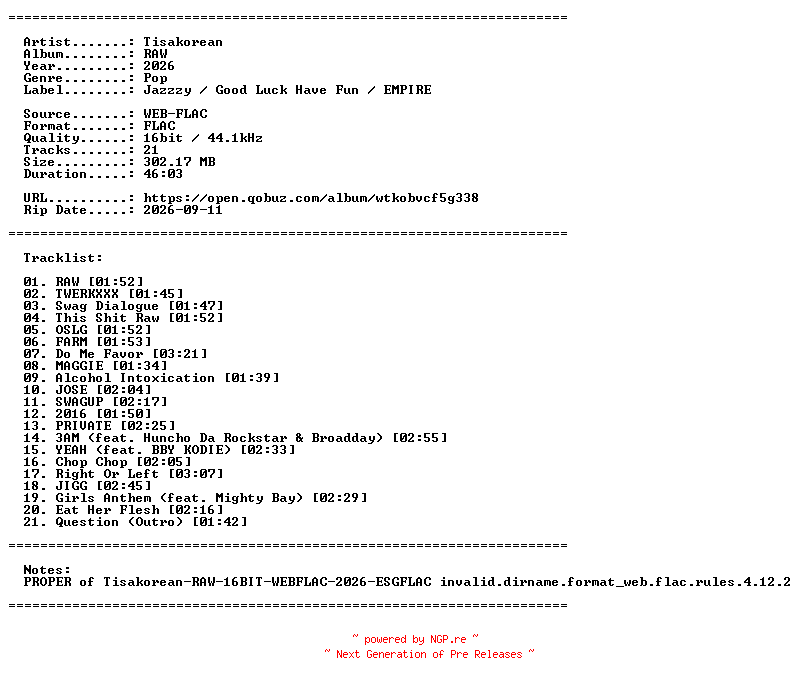 NFO for the release Tisakorean-RAW-PROPER-16BIT-WEB-FLAC-2026-PROAUTOPROPER by PROAUTOPROPER