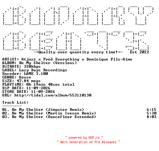 NFO for the release Atjazz_x_Fred_Everything_x_Dominique_Fils-Aime-Be_My_Shelter_(Versions)-(LZD122)-WEB-2026-BB by BB