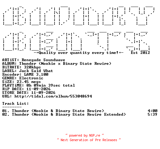 NFO for the release Renegade_Soundwave-Thunder_(Nookie_x_Binary_State_Rewire)-(JSW055C)-WEB-2026-BB by BB
