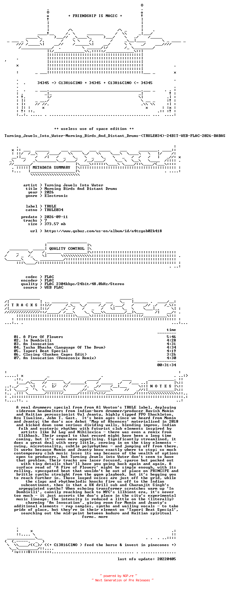 NFO for the release Turning_Jewels_Into_Water-Morning_Birds_And_Distant_Drums-(TRULE034)-24BIT-WEB-FLAC-2026-BABAS by BABAS
