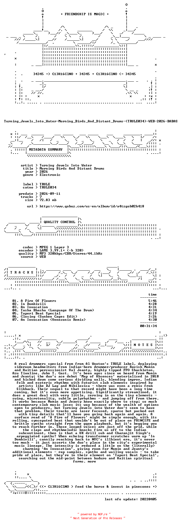 NFO for the release Turning_Jewels_Into_Water-Morning_Birds_And_Distant_Drums-(TRULE034)-WEB-2026-BABAS by BABAS