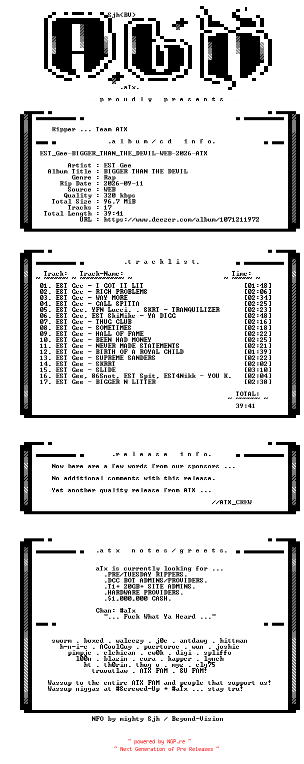 NFO for the release EST_Gee-BIGGER_THAN_THE_DEVIL-WEB-2026-ATX by ATX