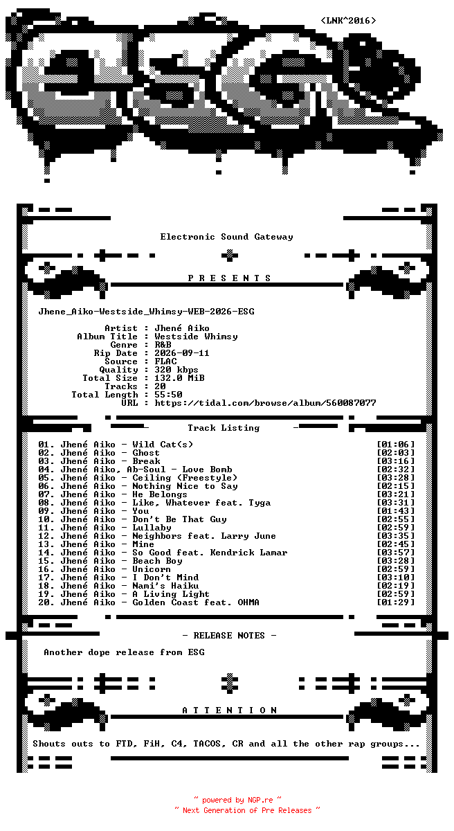 NFO for the release Jhene_Aiko-Westside_Whimsy-WEB-2026-ESG by ESG