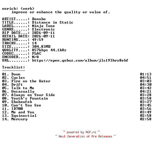 NFO for the release Bonobo-Distance_in_Static-16BIT-WEB-FLAC-2026-ENRiCH by ENRiCH