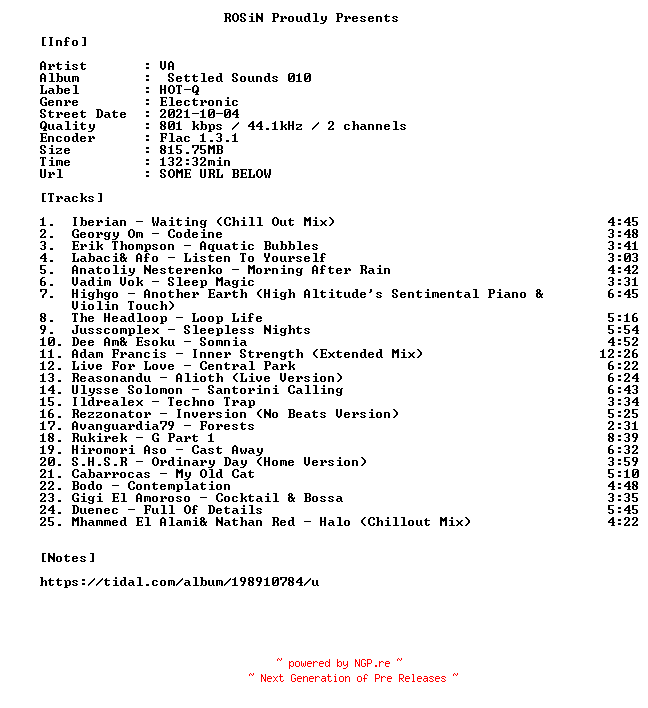 NFO for the release VA-Settled_Sounds_010-16BIT-WEB-FLAC-2021-ROSiN by ROSiN