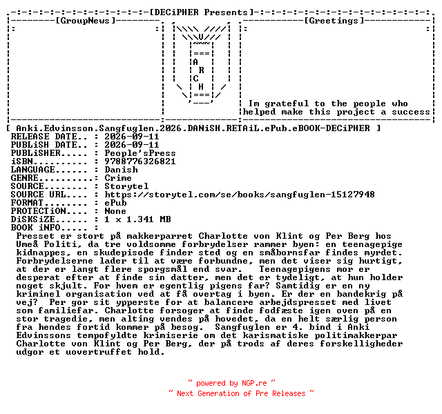 NFO for the release Anki.Edvinsson.Sangfuglen.2026.DANiSH.RETAiL.ePub.eBOOK-DECiPHER by DECiPHER