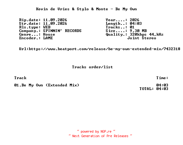 NFO for the release Kevin_De_Vries_And_Stylo_And_Monte_-_Be_My_Own_(Extended_Mix)-SINGLE-WEB-2026-FMC by FMC
