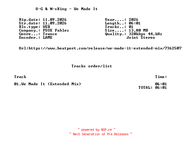 NFO for the release U-G_And_N-sKing_-_We_Made_It-(FSOEF140)-SINGLE-WEB-2026-FMC by FMC