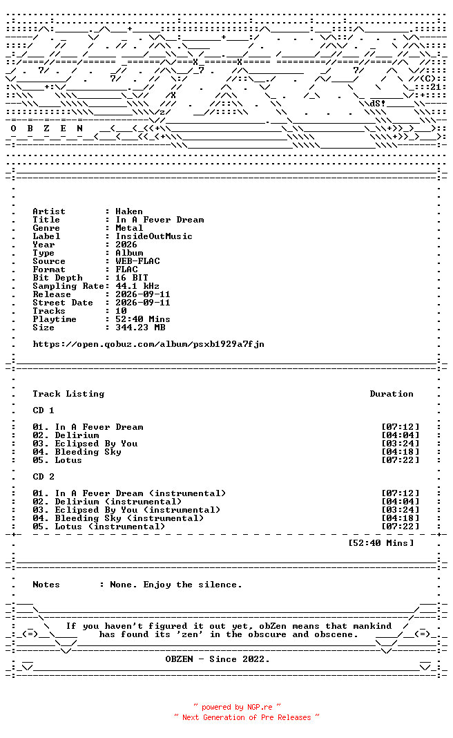 NFO for the release Haken-In_A_Fever_Dream-EP-DELUXE_EDITION-16BIT-WEB-FLAC-2026-OBZEN by OBZEN