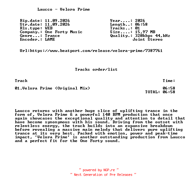 NFO for the release Laucco_-_Velora_Prime-(OF107)-SINGLE-WEB-2026-FMC by FMC