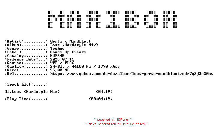NFO for the release Grrtz_x_Mindblast-Lost_(Hardstyle_Mix)-(HUF345)-SINGLE-24BIT-WEB-FLAC-2026-MARiBOR by MARiBOR