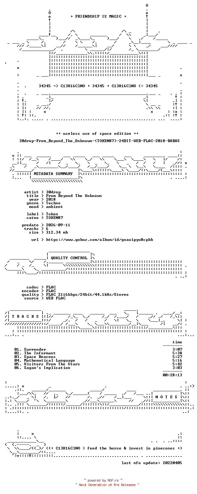 NFO for the release 30drop-From_Beyond_The_Unknown-(TOKEN87)-24BIT-WEB-FLAC-2018-BABAS by BABAS