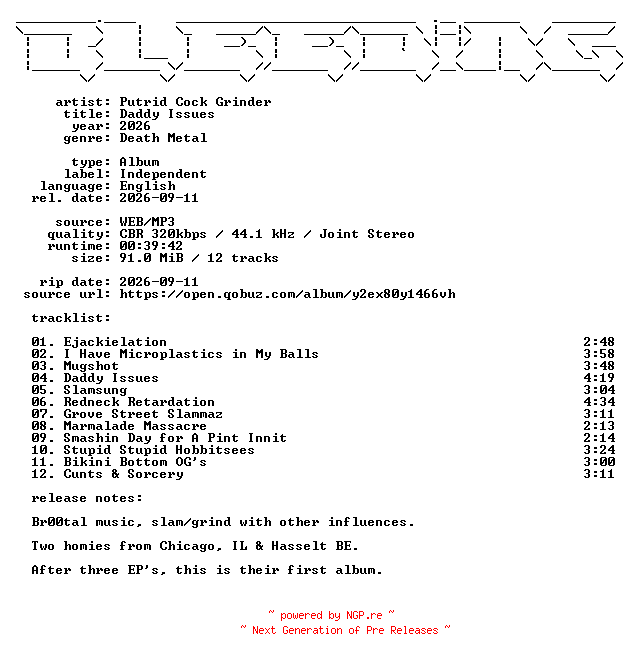 NFO for the release Putrid_Cock_Grinder-Daddy_Issues-WEB-2026-BLEEDiNG by BLEEDiNG