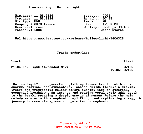 NFO for the release Transcending_-_Hollow_Light-(CRTNTR215)-SINGLE-WEB-2026-FMC by FMC