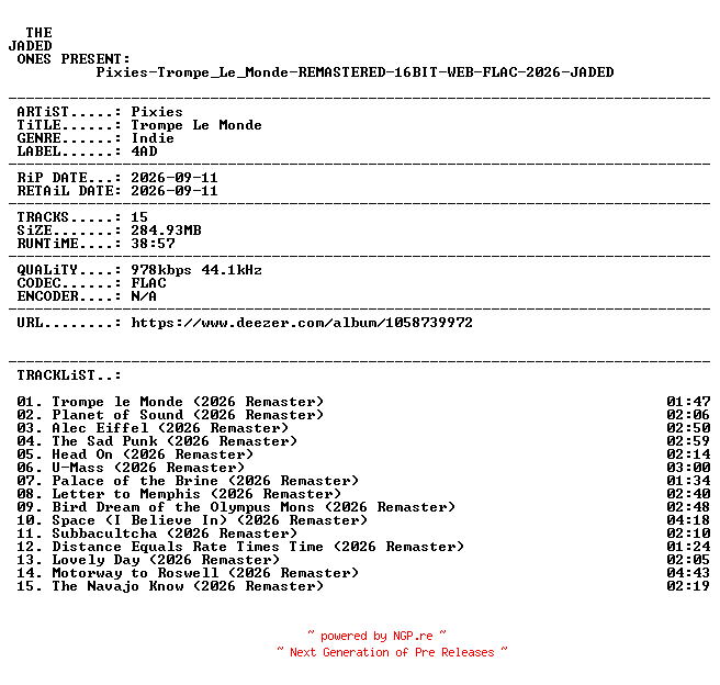 NFO for the release Pixies-Trompe_Le_Monde-REMASTERED-16BIT-WEB-FLAC-2026-JADED by JADED