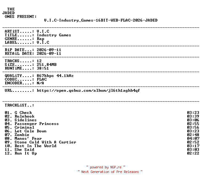 NFO for the release V.I.C-Industry_Games-16BIT-WEB-FLAC-2026-JADED by JADED
