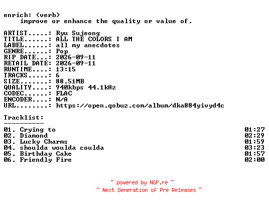 NFO for the release Ryu_Sujeong-ALL_THE_COLORS_I_AM-KR-EP-16BIT-WEB-FLAC-2026-ENRiCH by ENRiCH