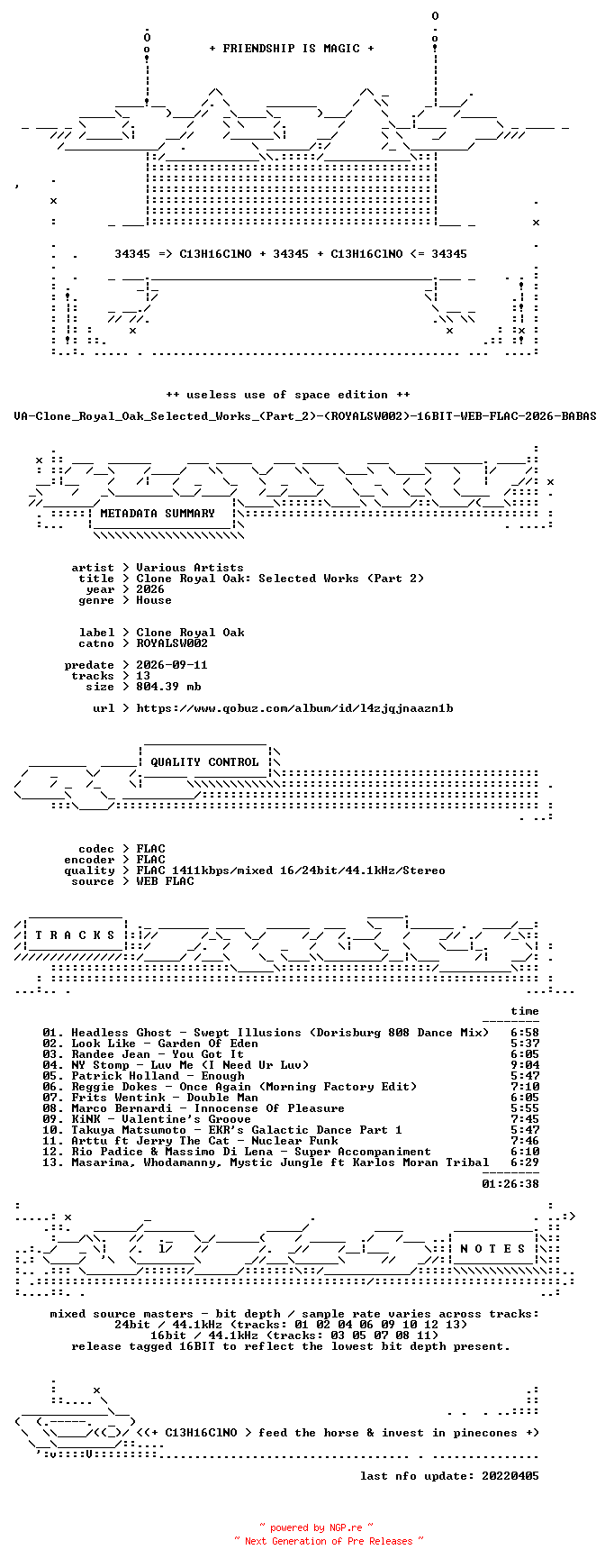 NFO for the release VA-Clone_Royal_Oak_Selected_Works_(Part_2)-(ROYALSW002)-16BIT-WEB-FLAC-2026-BABAS by BABAS