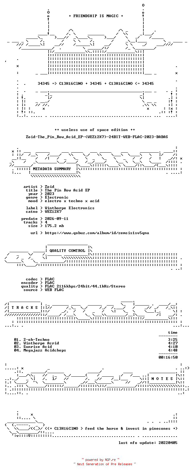 NFO for the release Zoid-The_Pin_Row_Acid_EP-(WEZ12X7)-24BIT-WEB-FLAC-2023-BABAS by BABAS