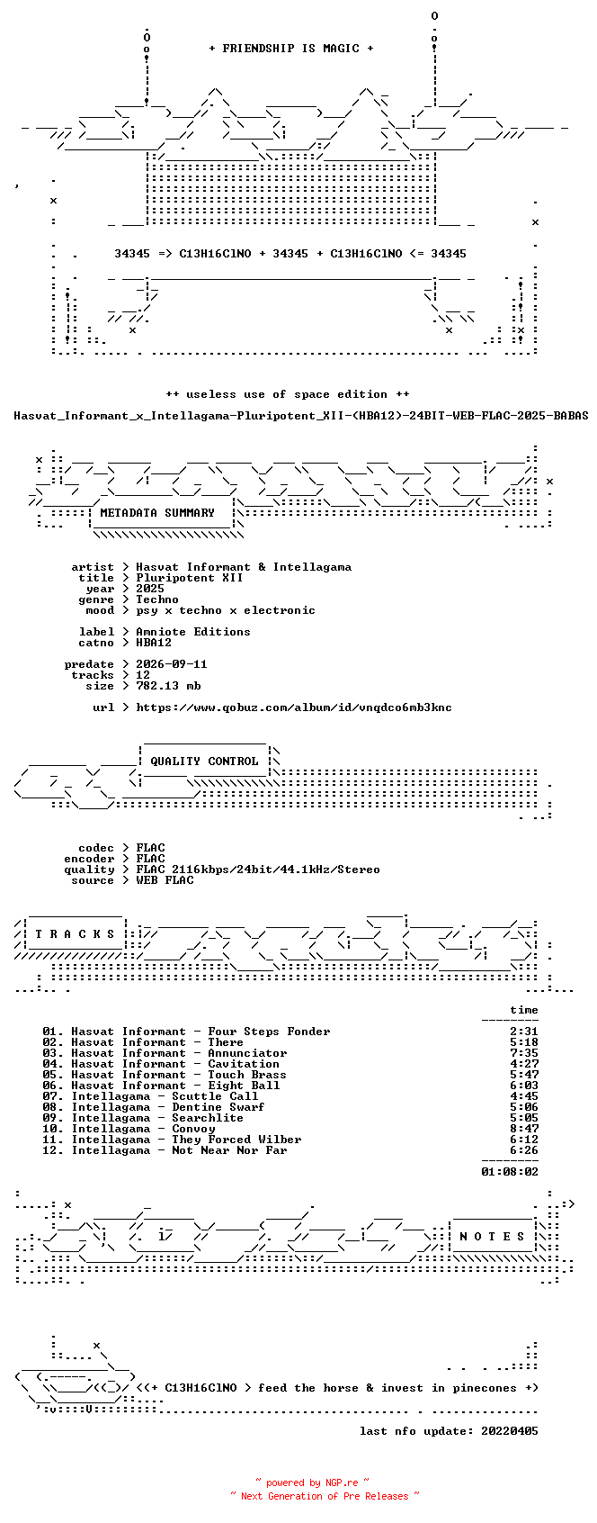 NFO for the release Hasvat_Informant_x_Intellagama-Pluripotent_XII-(HBA12)-24BIT-WEB-FLAC-2025-BABAS by BABAS