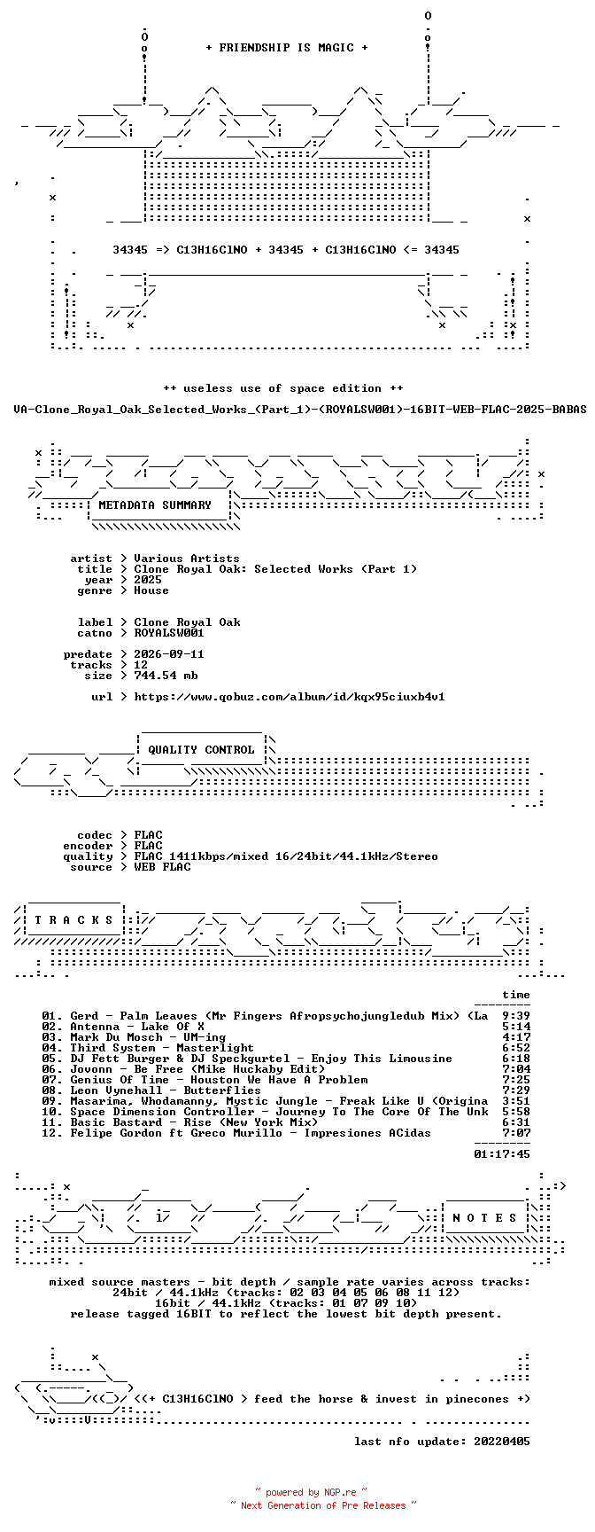 NFO for the release VA-Clone_Royal_Oak_Selected_Works_(Part_1)-(ROYALSW001)-16BIT-WEB-FLAC-2025-BABAS by BABAS