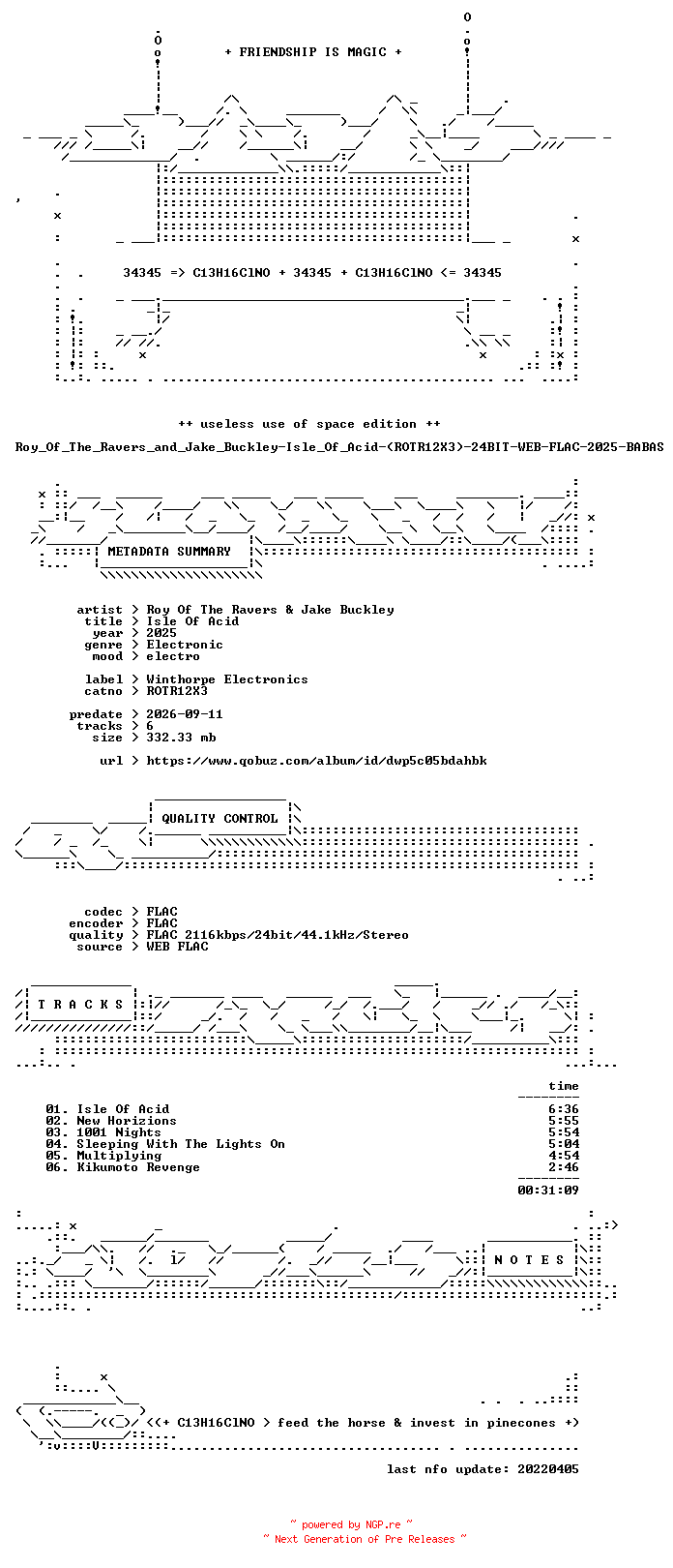 NFO for the release Roy_Of_The_Ravers_and_Jake_Buckley-Isle_Of_Acid-(ROTR12X3)-24BIT-WEB-FLAC-2025-BABAS by BABAS
