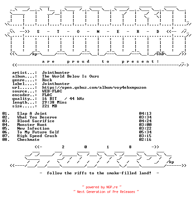 NFO for the release Jointhunter-The_World_Below_Is_Ours-16BIT-WEB-FLAC-2026-STONERD by STONERD