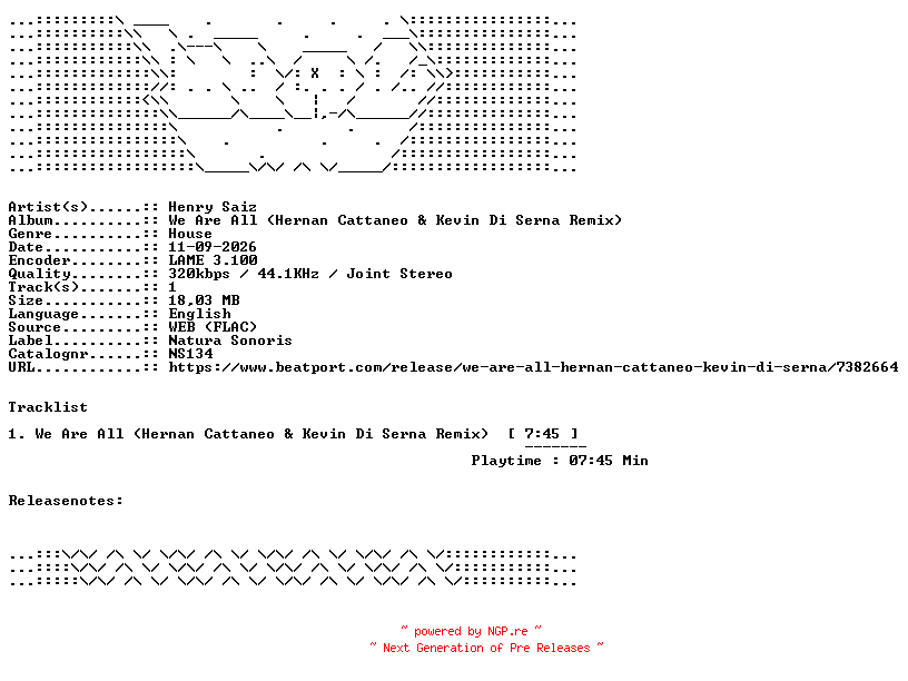 NFO for the release Henry_Saiz-We_Are_All__Hernan_Cattaneo_And_Kevin_Di_Serna_Remix-NS134-SINGLE-WEB-2026-WAV by WAV