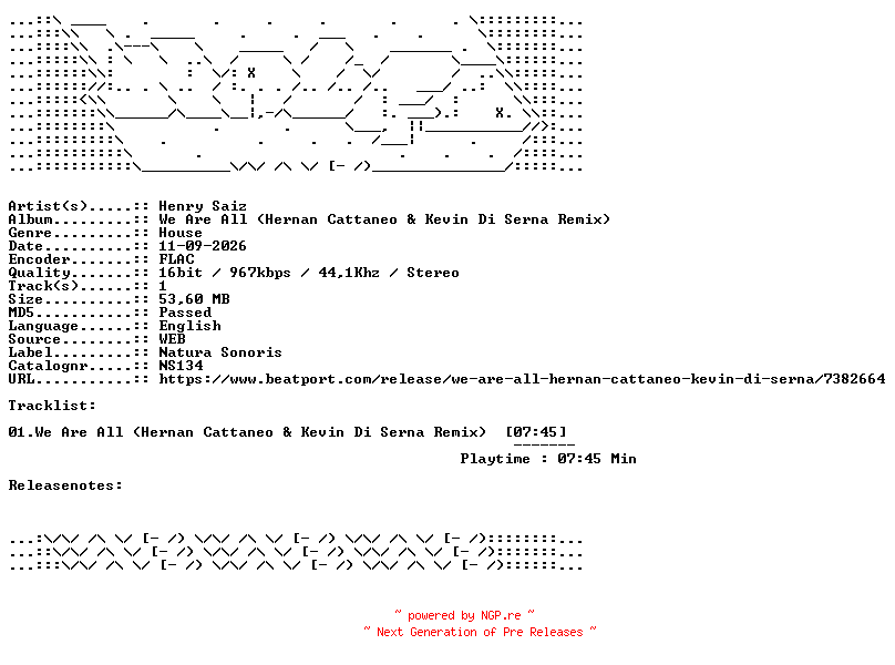 NFO for the release Henry_Saiz-We_Are_All__Hernan_Cattaneo_And_Kevin_Di_Serna_Remix-NS134-SINGLE-16BIT-WEB-FLAC-2026-WAVED by WAVED