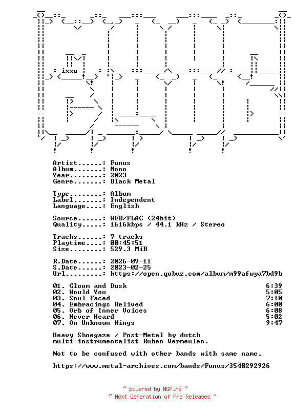 NFO for the release Funus-Mono-24BIT-WEB-FLAC-2023-MOONBLOOD by MOONBLOOD