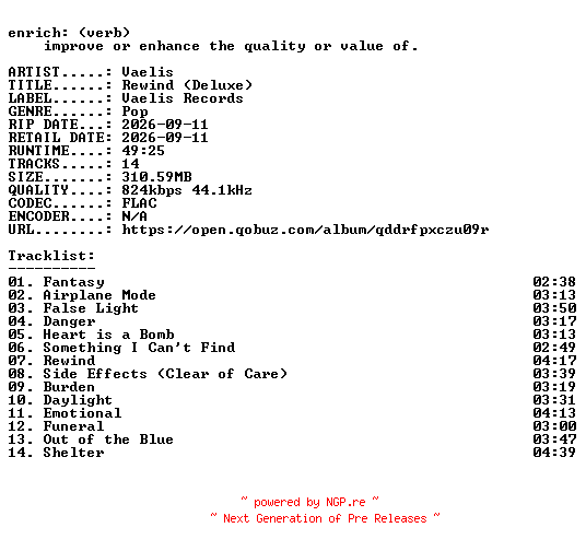NFO for the release Vaelis-Rewind_(Deluxe)-16BIT-WEB-FLAC-2026-ENRiCH by ENRiCH