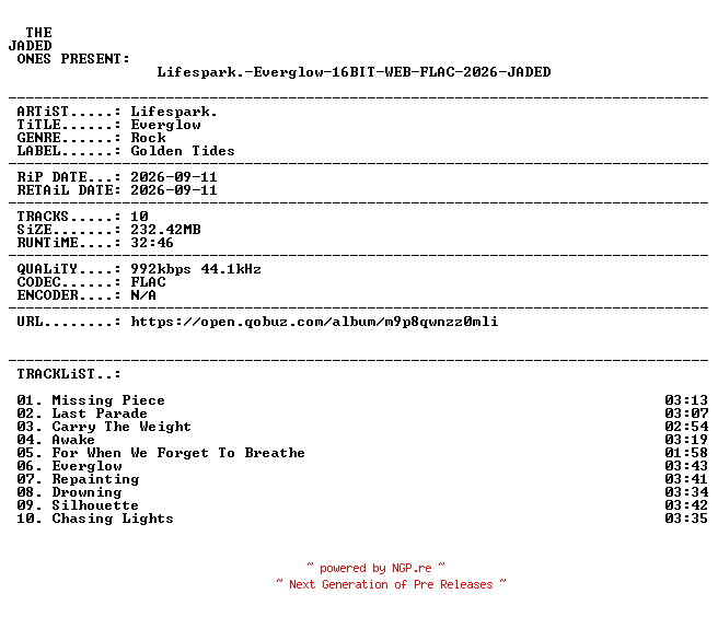 NFO for the release Lifespark.-Everglow-16BIT-WEB-FLAC-2026-JADED by JADED