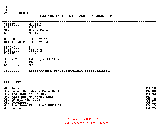 NFO for the release Neolith-INBIR-16BIT-WEB-FLAC-2026-JADED by JADED