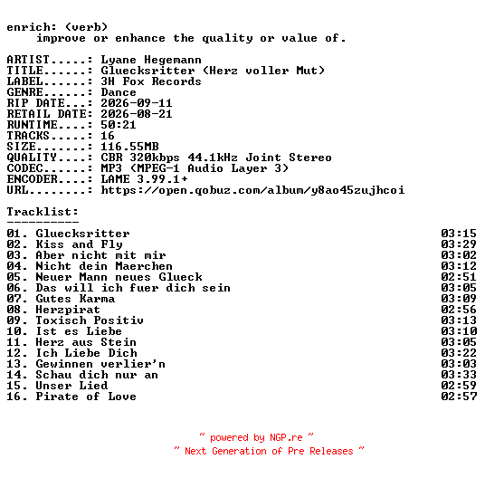 NFO for the release Lyane_Hegemann-Gluecksritter_(Herz_voller_Mut)-WEB-DE-2026-ENRiCH by ENRiCH