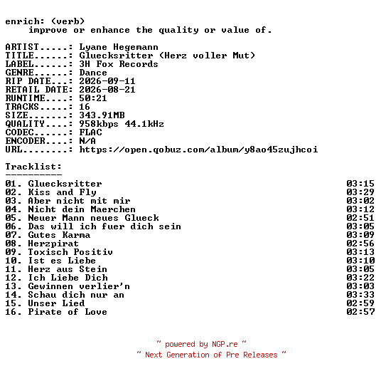 NFO for the release Lyane_Hegemann-Gluecksritter_(Herz_voller_Mut)-DE-16BIT-WEB-FLAC-2026-ENRiCH by ENRiCH