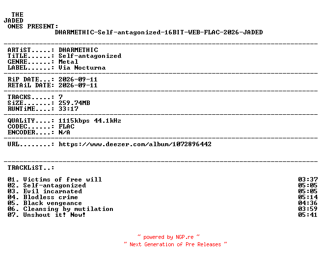 NFO for the release DHARMETHIC-Self-antagonized-16BIT-WEB-FLAC-2026-JADED by JADED