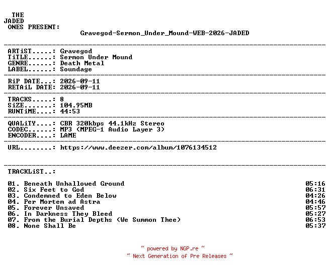 NFO for the release Gravegod-Sermon_Under_Mound-WEB-2026-JADED by JADED