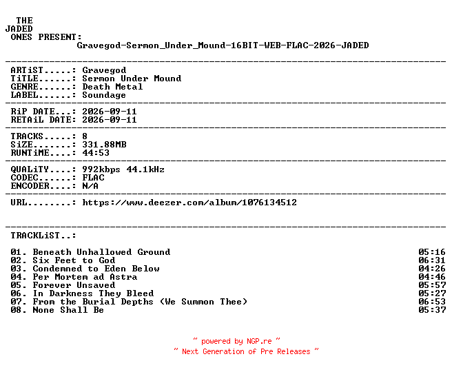 NFO for the release Gravegod-Sermon_Under_Mound-16BIT-WEB-FLAC-2026-JADED by JADED