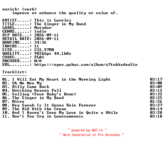 NFO for the release This_is_Lorelei-The_Singer_in_My_Band-16BIT-WEB-FLAC-2026-ENRiCH by ENRiCH